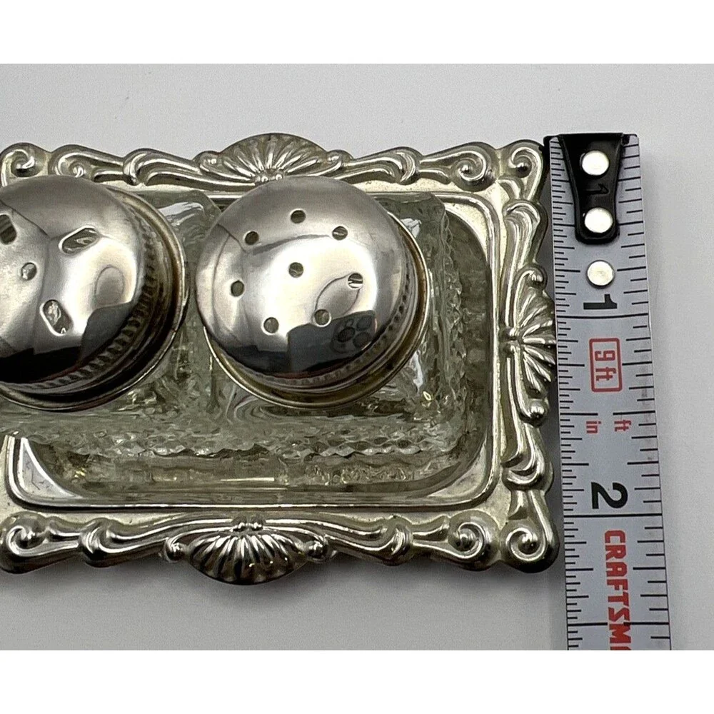 Vintage Mini Salt & Pepper Shakers With Silver Plated Tray No Cracks/Chips